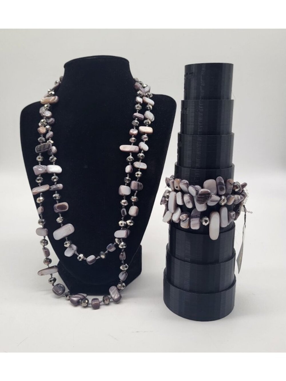 Jules Smokey Gray Silver Chunky Abstract Glass Acrylic Bead Necklace & Bracelet